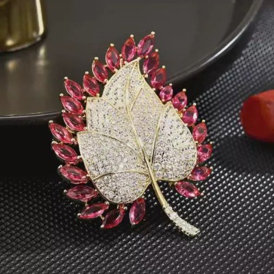 Zircon Red Maple Leaf Brooch